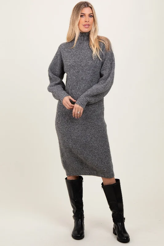 Women's midi dress bloom glow -Charcoal Mock Neck Bubble Sleeve Midi Sweater Dress