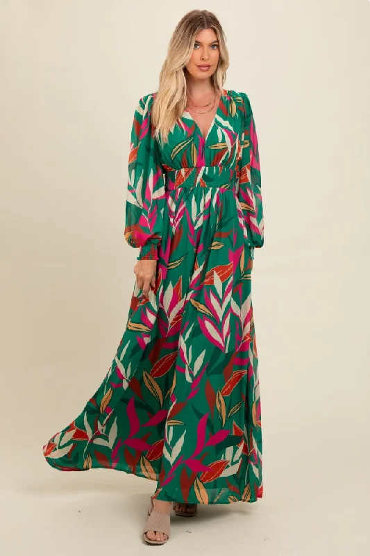 ladies-maxi-dress-umber-undertone-Forest Green Leaf Print Deep V-Neck Maxi Dress