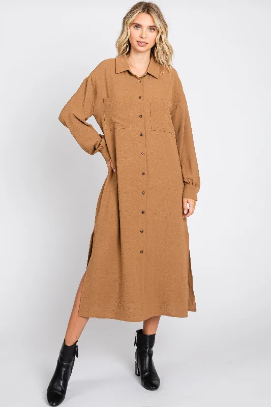 ladies-maxi-dress-belted-bloom-Camel Button Down Collared Maxi Dress