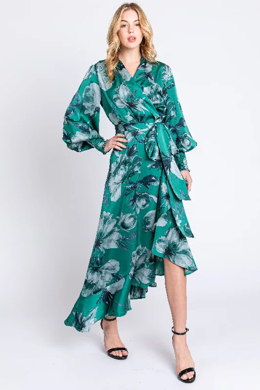 Women's midi dress wide flair -Green Satin Asymmetrical Flounce Trim Midi Dress