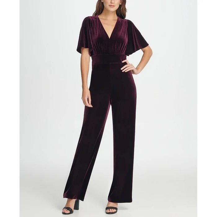 Women's party dress chat flair -DKNY Women's Zippered Bell Sleeve V Neck Wide Leg Party Jumpsuit Purple Size 10