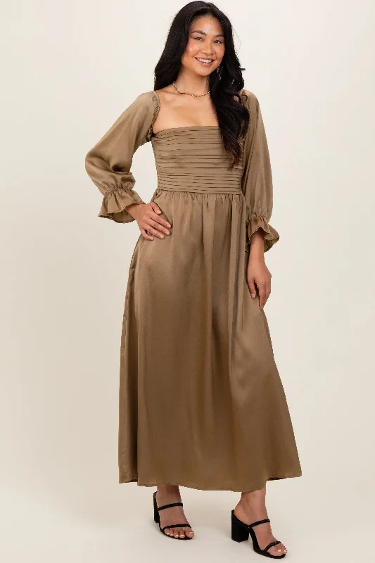 ladies-maxi-dress-flattering-fawn-Olive Off Shoulder Satin Pleated Bodice Maxi Dress