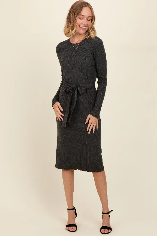 Women's midi dress glee pop -Charcoal Ribbed Sash Tie Midi Sweater Dress