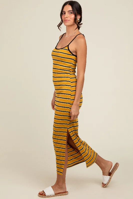 Women's midi dress fit pop -Yellow Striped Ribbed Side Slit Midi Dress