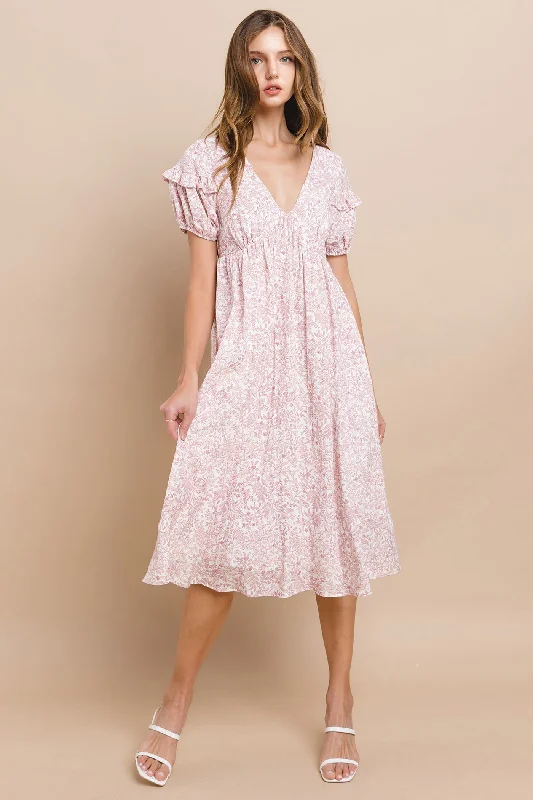 Women's midi dress coy flair -Pink Floral Tie Back Midi Dress