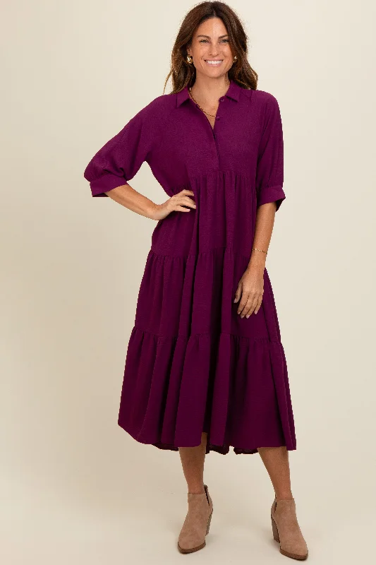 Women's midi dress rim flair -Magenta Collared Button Up Tiered Midi Dress