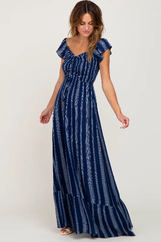 ladies-maxi-dress-pearl-poise-Navy Blue Striped Off Shoulder Front Tie Maxi Dress