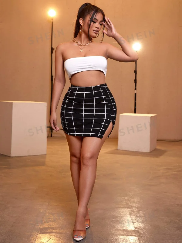 ladies-bodycon-dress-viral-vibe-SXY Grid Plaid Split Side Bodycon Skirt