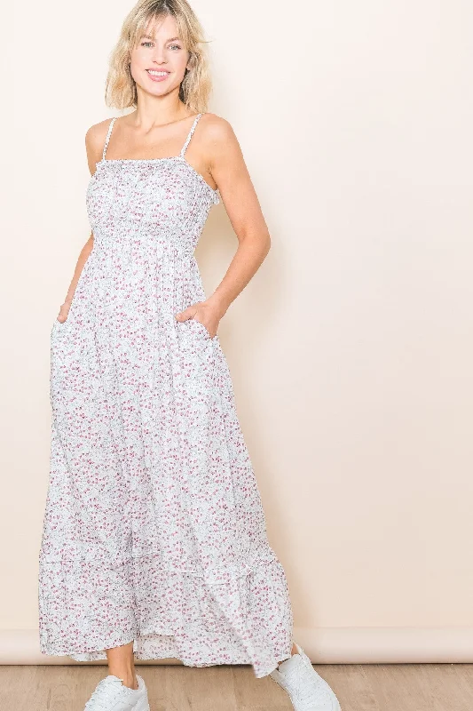 ladies-maxi-dress-edgy-ember-Cream Floral Ruffle Square Neck Smocked Waist Maxi Dress