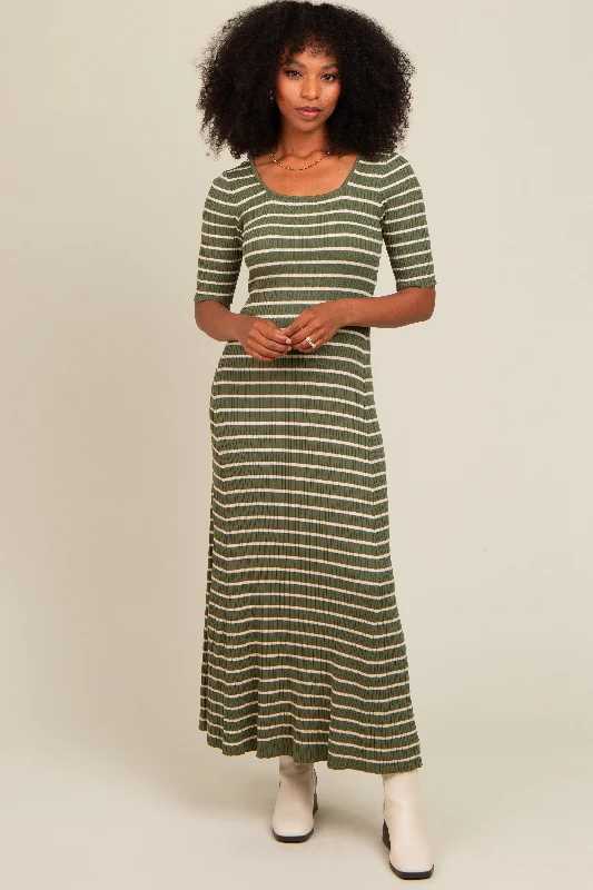 ladies-maxi-dress-zip-front-zest-Olive Striped Ribbed Short Sleeve Maxi Dress