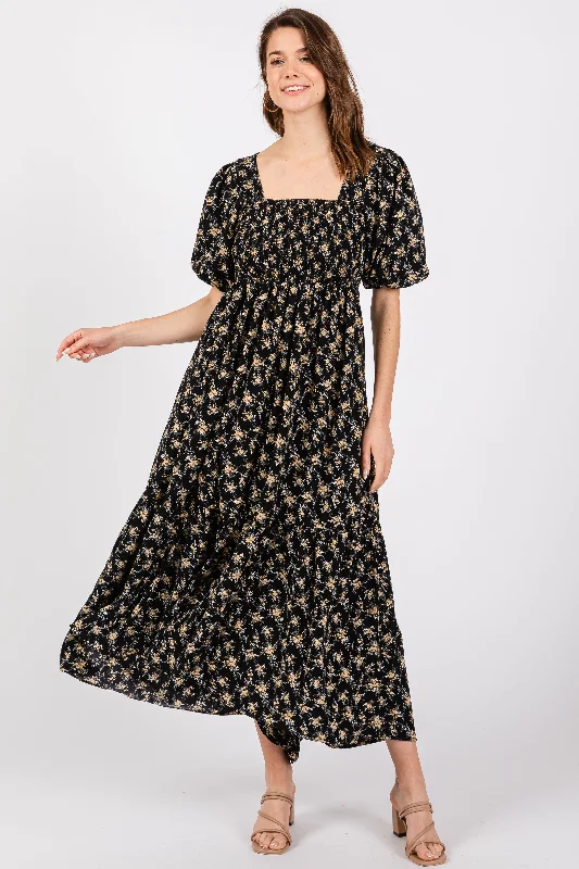 Women's midi dress past pop -Black Floral Smocked Square Neck Short Puff Sleeve Midi Dress