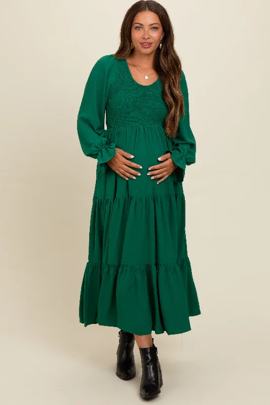 ladies-maxi-dress-cocktail-calm-Green Smocked Tiered Long Sleeve Maternity Maxi Dress