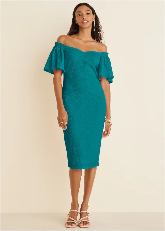 Women's midi dress sprout flair -Fluted Satin Midi Dress - Teal