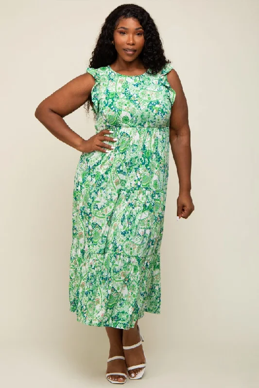 Women's midi dress still pop -Green Floral Paisley Tiered Plus Midi Dress