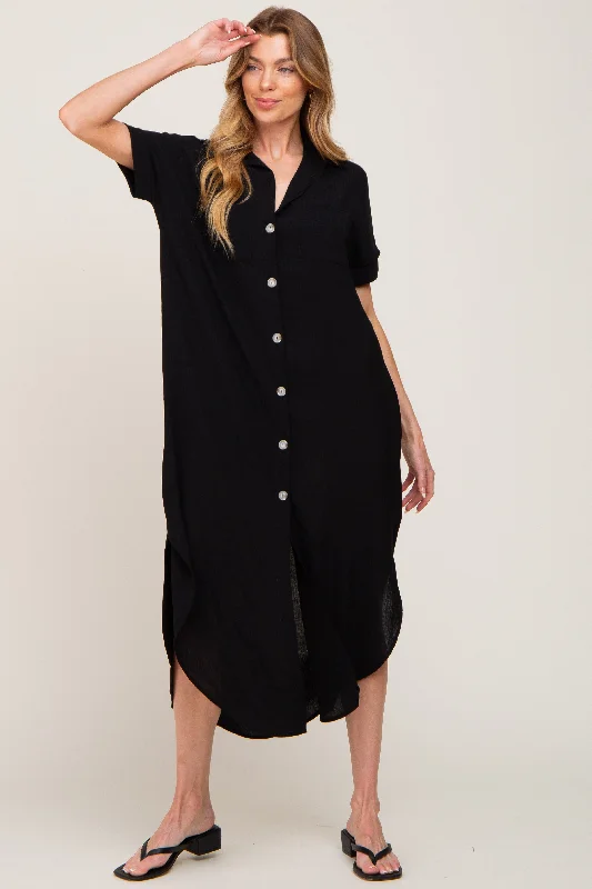 ladies-maxi-dress-heather-hush-Black Button Down Hi Low Maxi Dress