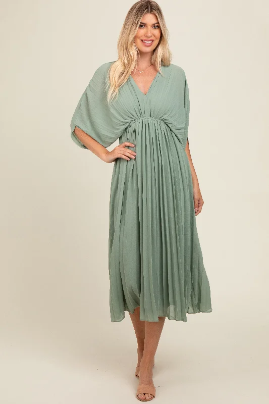 ladies-maxi-dress-picnic-poise-Light Olive Pleated V Neck Maxi Dress