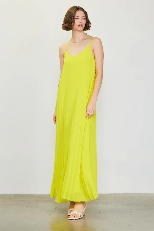 ladies-maxi-dress-belted-bloom-Lime Pleated Sleeveless Maxi Dress