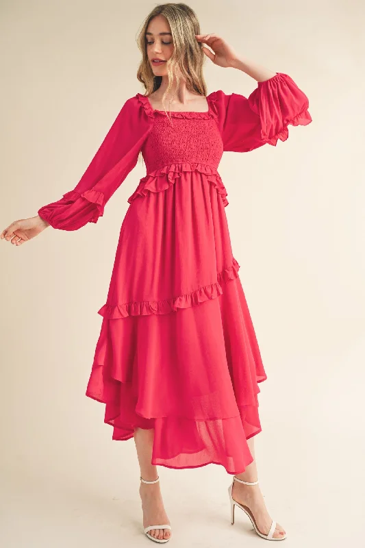 Women's midi dress last chic -Fuchsia Smocked Ruffle Long Sleeve Midi Dress