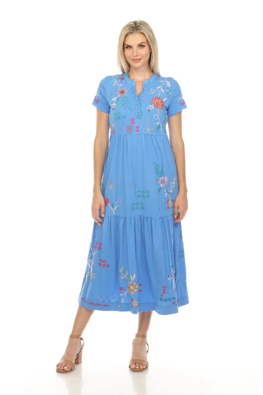 Women's midi dress dusk chic -Johnny Was JWLA Blue Katie Henley Tiered Knit Midi Dress Boho Chic J31124