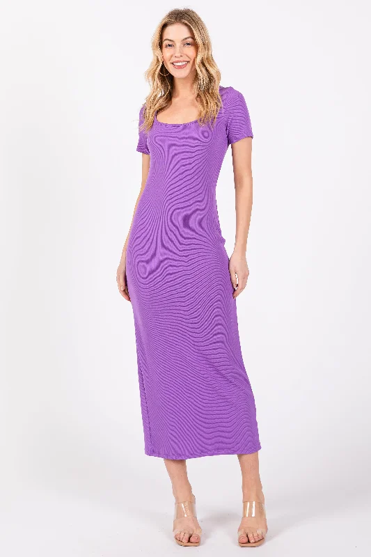 Women's midi dress snow chic -Purple Ribbed Fitted Midi Dress