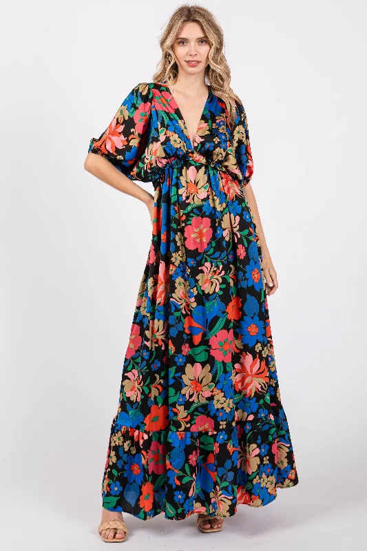 ladies-maxi-dress-effortless-ember-Black Floral Satin Deep V-Neck Puff Sleeve Maxi Dress