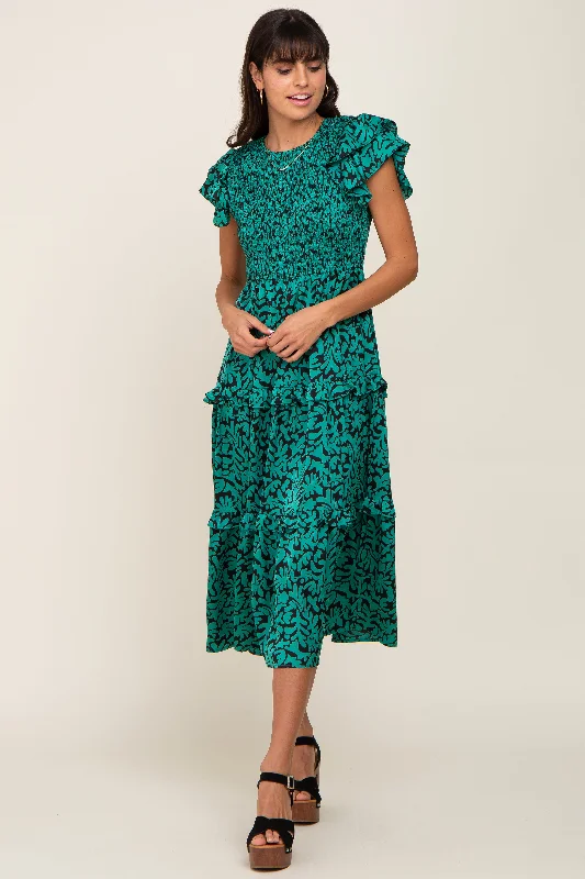 Women's midi dress break glow -Green Print Smocked Ruffle Tiered Midi Dress