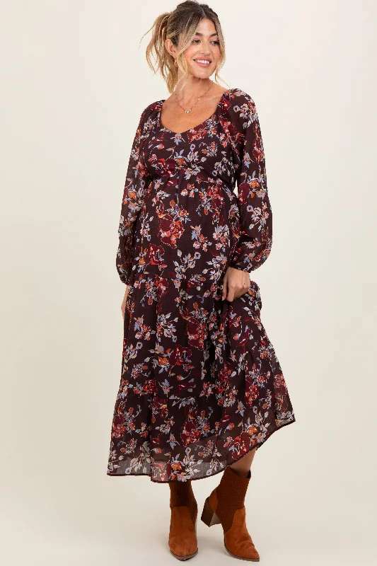 ladies-maxi-dress-swingy-silk-Brown Floral V-Neck Bubble Sleeve Maternity Maxi Dress