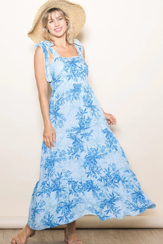 ladies-maxi-dress-turquoise-twirl-Blue Crochet Trim Floral Maxi Dress