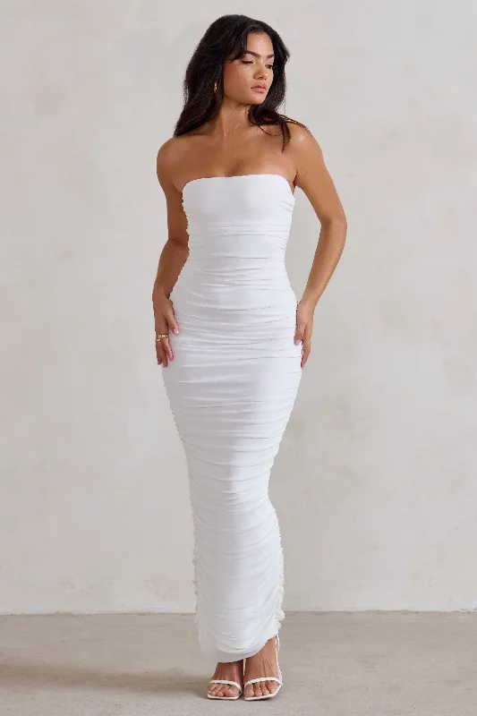 ladies-bodycon-dress-sky-snap-My Lady | White Strapless Bodycon Ruched Mesh Maxi Dress