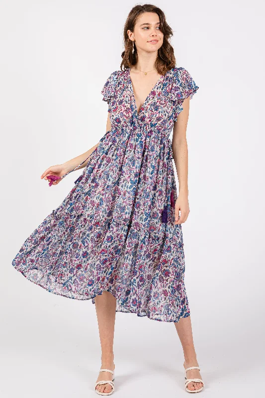 Women's midi dress brew glow -Blue Floral Chiffon Flutter Sleeve Ruffle Hem Midi Dress