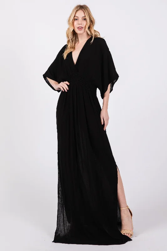 ladies-maxi-dress-dance-dawn-Black Lightweight Deep V-Neck Maxi Dress