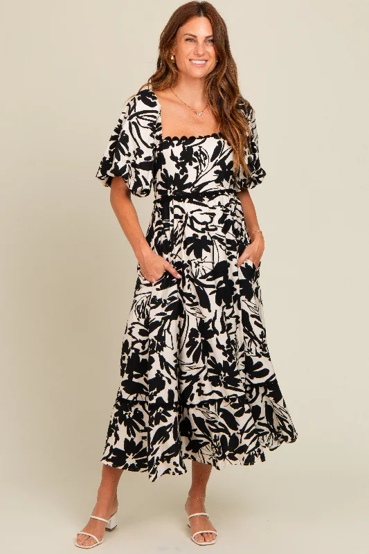 Women's midi dress low glow -Black Floral Scallop Trim Midi Dress