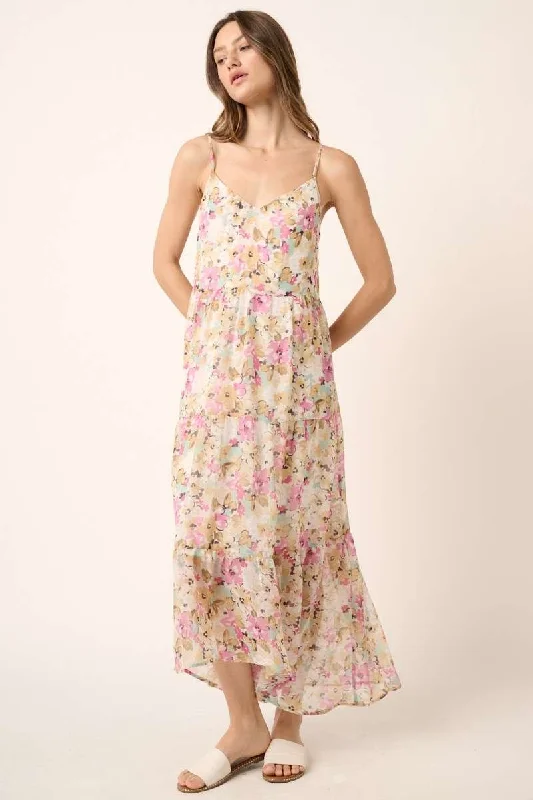 ladies-maxi-dress-slit-sunset-Ivory Flower Print V Neck Ruffle Tier Detail Maxi Dress