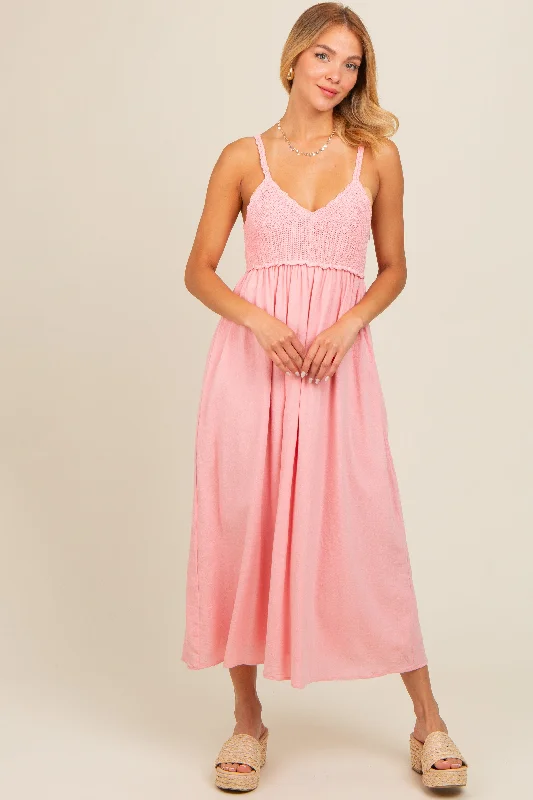 Women's midi dress crew flair -Pink V-Neck Crochet Top Midi Dress