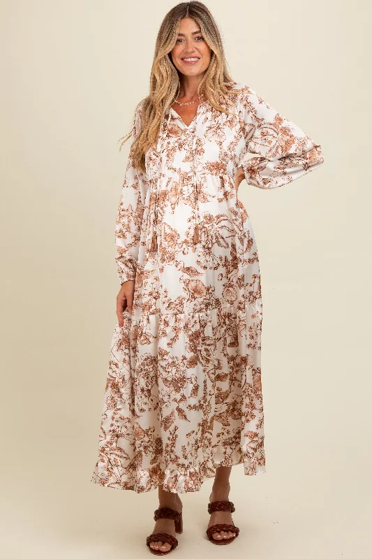 ladies-maxi-dress-designer-dusk-Brown Floral Tassel Tie Front Maternity Maxi Dress