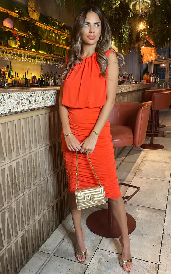 ladies-bodycon-dress-red-rush-Burnt Orange Ruched Skirt Bodycon Midi Dress