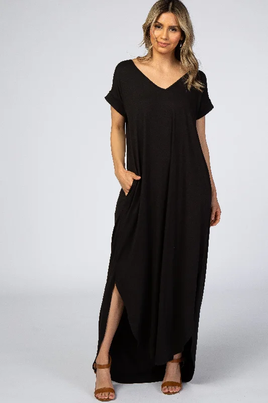 ladies-maxi-dress-scoop-serenity-Black Side Slit Maxi Dress