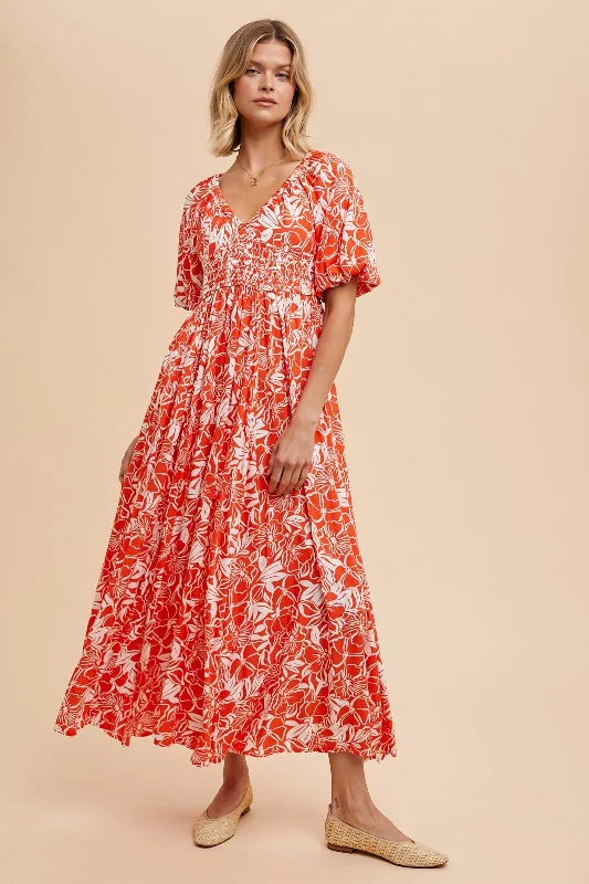 ladies-maxi-dress-polka-poise-Coral Red Resort Print Puff Sleeve Maxi Dress