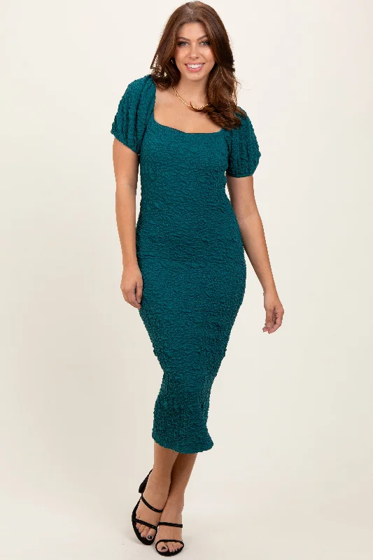 Women's midi dress roar glow -Forest Green Textured Square Neck Puff Sleeve Midi Dress