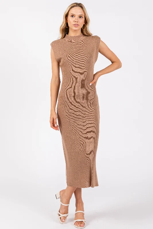 Women's midi dress link pop -Mocha Knit Mock Neck Midi Dress