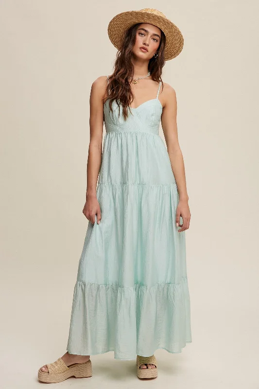 ladies-maxi-dress-glitter-glow-Mint Green Sleeveless Tiered Maxi Dress