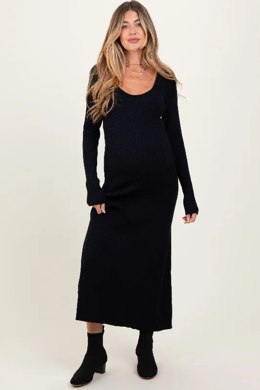 ladies-maxi-dress-bright-bloom-Black Ribbed Knit Maternity Maxi Sweater Dress