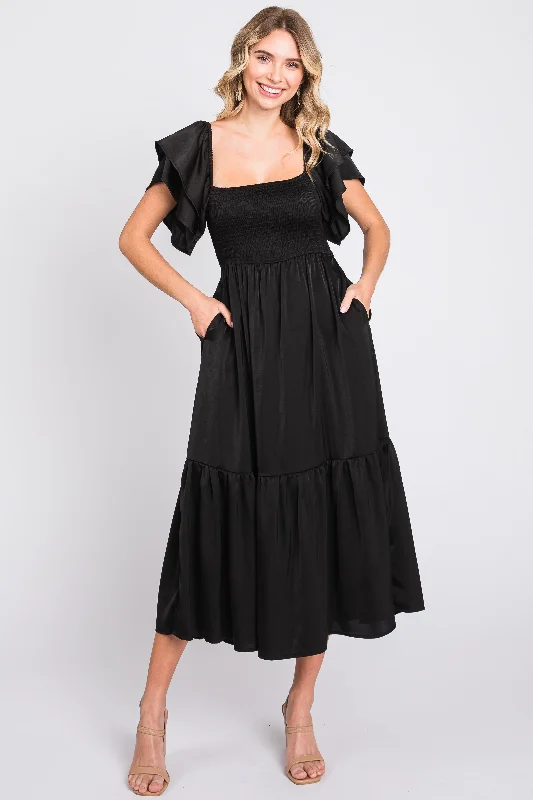 Women's midi dress night pop -Black Satin Flutter Sleeve Midi Dress