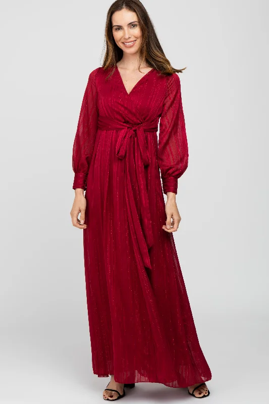 ladies-maxi-dress-playful-petal-Burgundy Metallic Striped Chiffon Maxi Dress