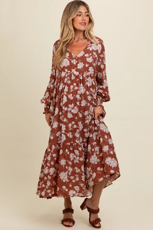 ladies-maxi-dress-zip-front-zest-Rust Floral Textured Bubble Sleeve Maternity Maxi Dress