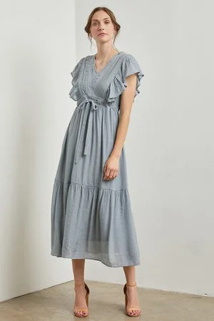 ladies-maxi-dress-swingy-silk-Light Blue Cuffed Sleeve Front Tie Maxi Dress