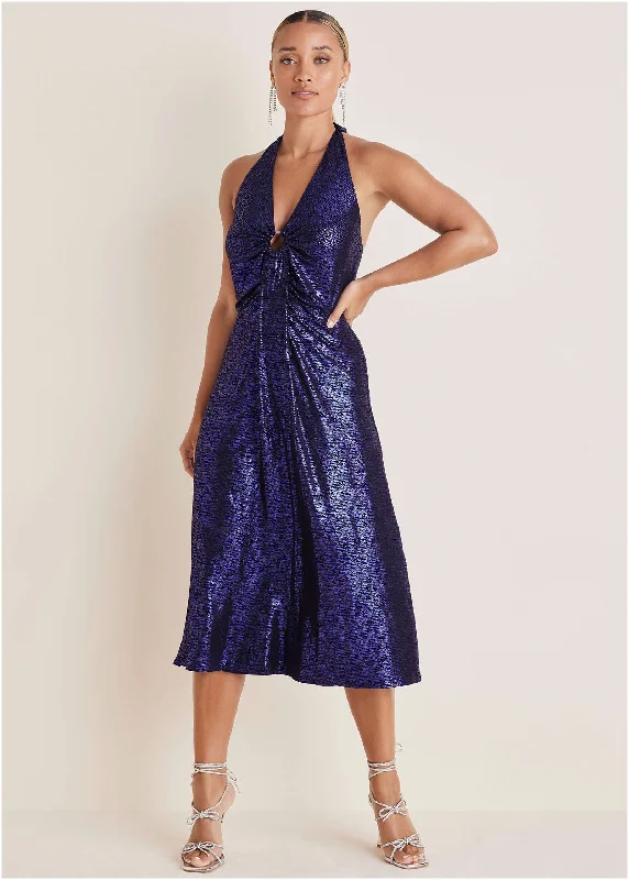 Women's midi dress night pop -Metallic Halter Midi Dress - Deep Blue