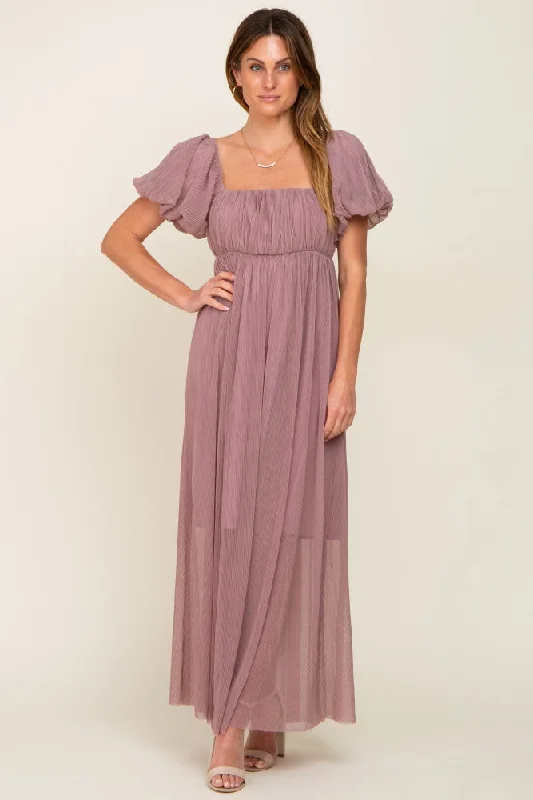 ladies-maxi-dress-a-line-aura-Mauve Pleated Puff Sleeve Maxi Dress