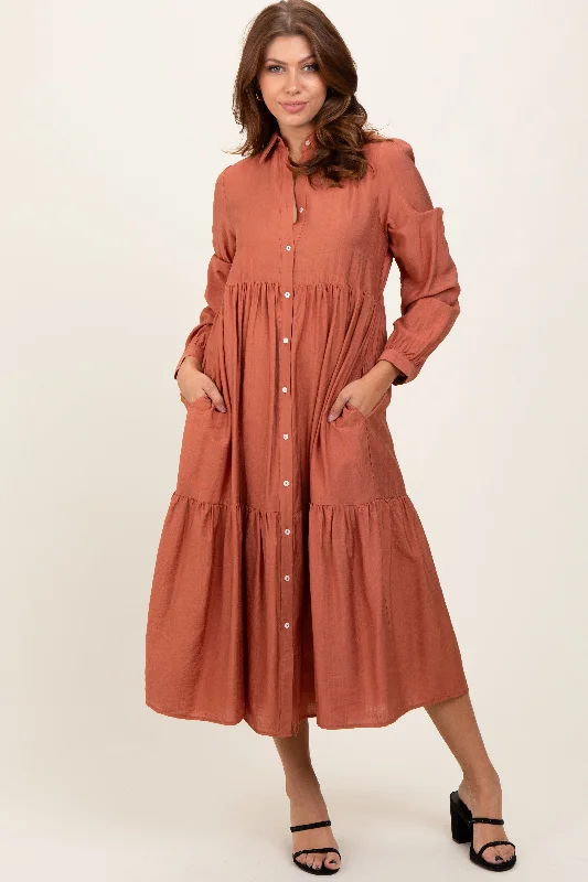 Women's midi dress muse glow -Rust Button Down Long Sleeve Midi Shirt Dress