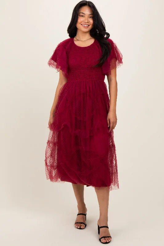 Women's midi dress talk chic -Burgundy Smocked Ruffled Mesh Midi Dress